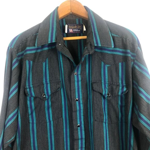 Vtg Panhandle Slim Western Pearl Snap Shirt 16-1/2 35 Blue Striped USA Pockets - Picture 2 of 10